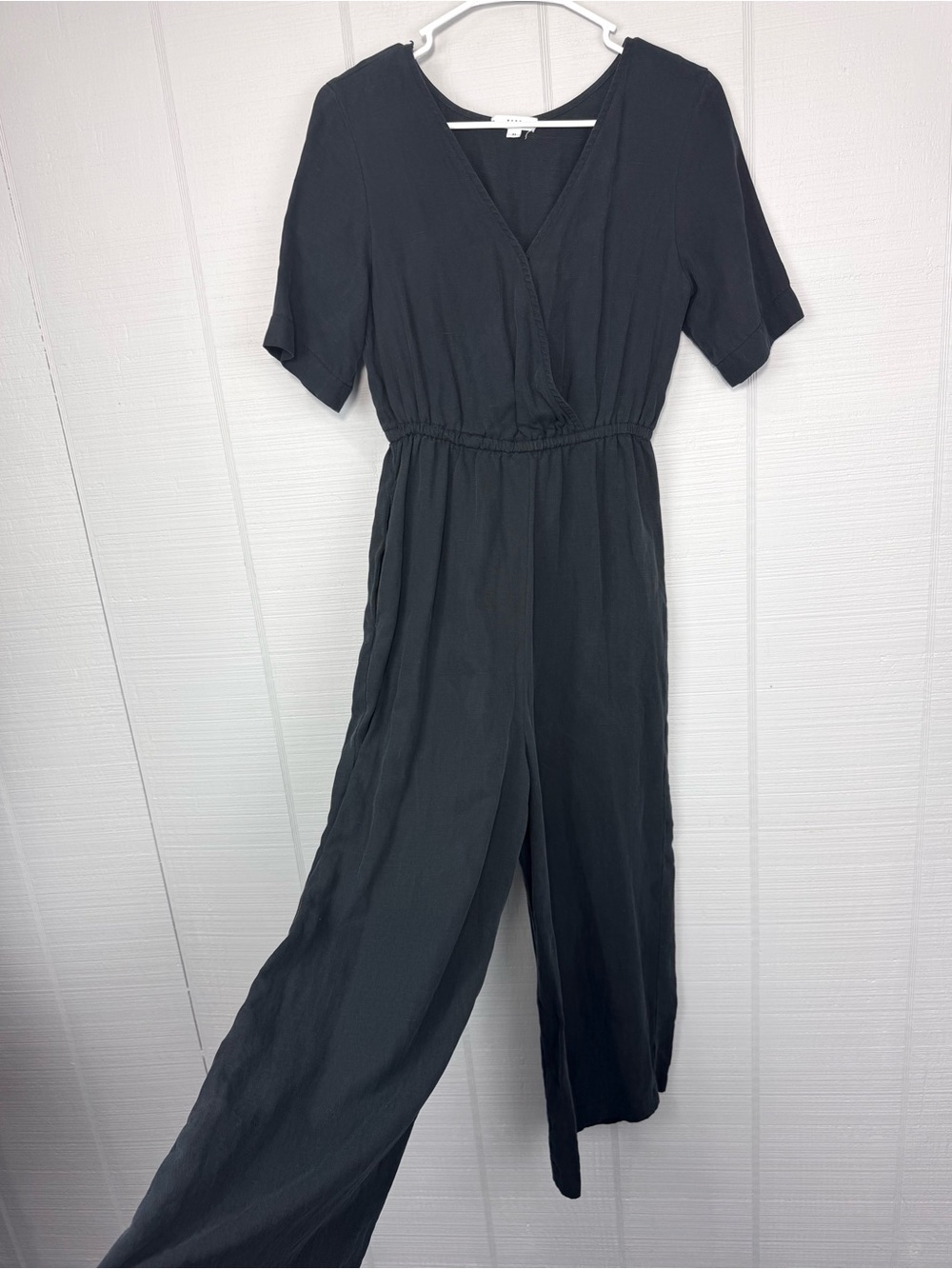 Vetta Black Linen Short Sleeve Jumpsuit Wide Leg V-neck